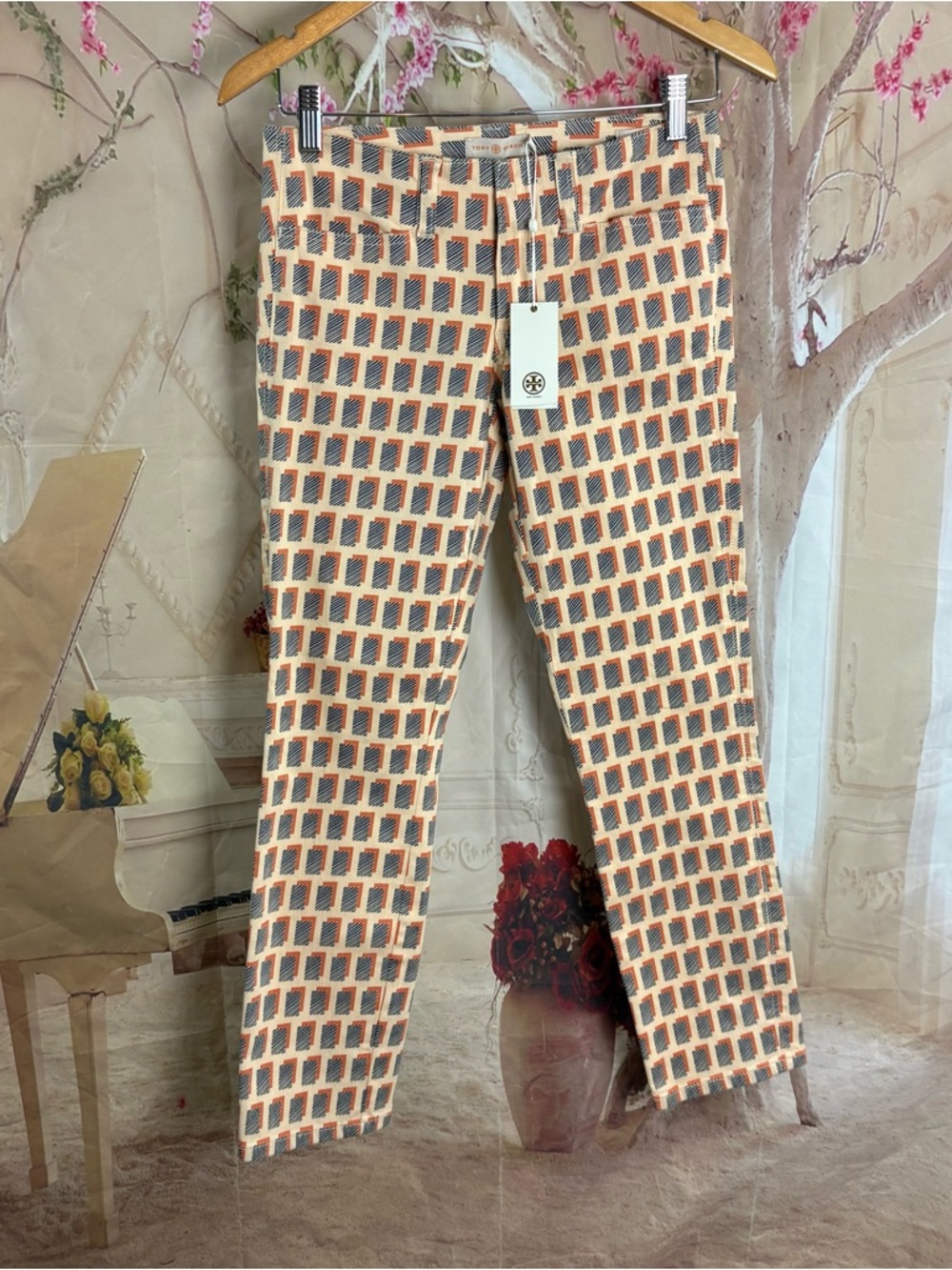 NEW Tory Burch Beige and Navy Geometric Straight-Leg Pants - Picture 2 of 10